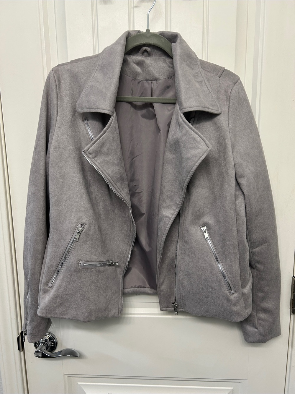 Roskiki Gray Women's Suede Moto Jacket - Classic Zip Front